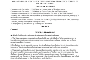 Decision No. 147/2007/QD-TTg of September 10, 2007, on a number of policies for development of production forests in the 2007-2015 period.