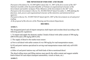 Decision No. 004/2007/QD-BCT of September 11, 2007 on diesel import and circulation