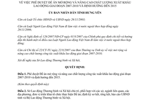 Quyết định 1598/QĐ-UBND năm 2007 nâng cao chất lượng xuất khẩu lao động Hưng Yên