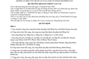 Quyết định 48/2007/QĐ-BGTVT công bố vùng nước cảng biển địa phận tỉnh Đồng Nai, tỉnh Bình Dương khu vực quản lý cảng vụ hàng hải Đồng Nai