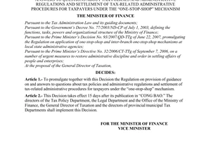 Decision No. 78/2007/QD-BTC of September 18, 2007 promulgating the regulation on provision of guidance on and answers to questions about tax policies and administrative regulations and settlement of tax-related administrative procedures for taxpayers under the “one-stop-shop” mechanism