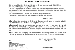 Quyết định 69/2007/QĐ-UBND Quy chế mối quan hệ công tác giữa Uỷ ban nhân dân tỉnh Liên đoàn Lao động tỉnh Lào Cai