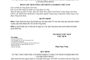 Quyết định 1262/QĐ-TLĐ thực hiện phụ cấp kiêm nhiệm và phụ cấp trách nhiệm cán bộ Công đoàn