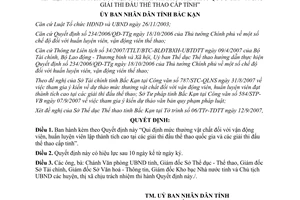 Quyết định 1721/2007/QĐ-UBND mức thưởng vật chất đối với vận động viên lập thành tích cao Bắc Kạn