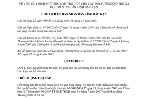 Quyết định 1720/QĐ-UBND 2007 quy định mức trợ cấp trợ giúp đối tượng bảo trợ xã hội Bắc Kạn