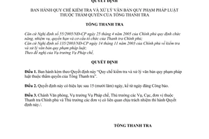 Quyết định 2014/2007/QĐ-TTCP ban hành quy chế kiểm tra xử lý văn bản quy phạm pháp luật thẩm quyền Tổng thanh tra