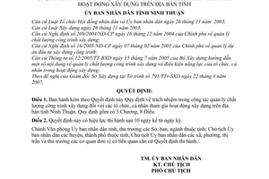 Quyết định 255/2007/QĐ-UBND quy định trách nhiệm công tác quản lý chất lượng công trình xây dựng tổ chức cá nhân tỉnh Ninh Thuận
