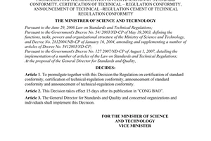 Decision No. 24/2007/QD-BKHCN of September 28, 2007 promulgating the regulation on certification of standard conformity, certification of technical – regulation conformity, announcement of technical –regulation cement of technical regulation conformity
