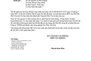 Công văn  6772/VP-ĐTMT  thu hồi 6.000m2 đất bờ rạch Tắc Rỗi  phục vụ triển khai dự án BOT cầu Phú Mỹ