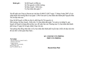 Công văn  6803/VP-ĐTMT  Công ty Hacota xin chấp thuận chủ trương đầu tư  quận 7