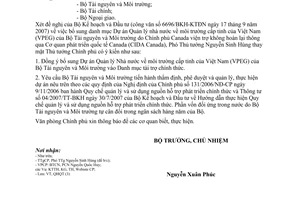 Công văn 5712/VPCP-QHQT  bổ sung danh mục dự án VPEG của Bộ Tài nguyên và môi trường do Chính phủ Canada viện trợ