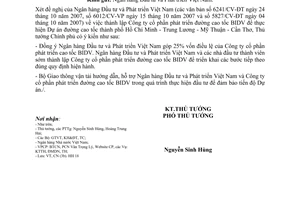 Công văn  1611/TTg-CN  BIDV thành lập Doanh nghiệp Dự án thực hiện Dự án đường cao tốc Hồ Chí Minh - Trung Lương - Mỹ Thuận - Cần Thơ