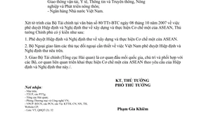 Công văn 1621/TTg-QHQT  phê duyệt Hiệp định và NĐT xây dựng và thực hiện Cơ chế một cửa ASEAN