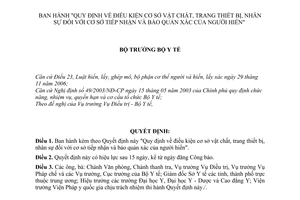 Quyết định 35/2007/QĐ-BYT quy định điều kiện cơ sở vật chất trang thiết bị nhân sự cơ sở tiếp nhận bảo quản xác người hiến