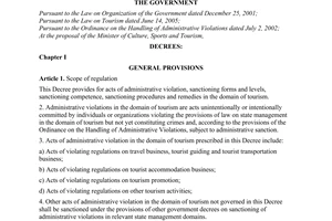 Decree of Government No.149/2007/ND-CP of October 09, 2007 on sanctioning administrative violations in The Domain of tourism