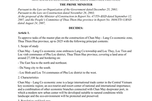Decision No. 1363/QD-TTg of October 10, 2007 approving tasks of the master plan on the construction of Chan May-Lang Co economic zone, Thua Thien Hue province