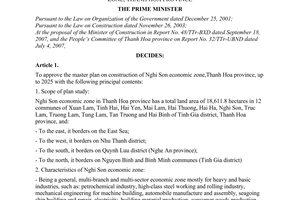 Decision No.1364/QD-TTg of October 10, 2007 approving the master plan on construction of Nghi Son economic zone, Thanh Hoa province