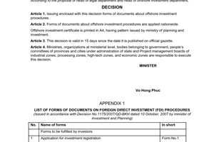 Decision No. 1175/2007/QD-BKH of October 10, 2007, issued in accordance with this decision the forms of documents about offshore investment procedures.