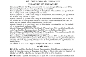 Quyết định 14/2007/QĐ-UBND bổ sung danh mục mức thu phí lệ phí phạm vi áp dụng tỷ lệ trích nộp quản lý sử dụng miễn giảm tỉnh Bạc Liêu