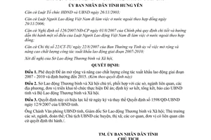 Quyết định 1814/QĐ-UBND 2007 mở rộng nâng cao xuất khẩu lao động Hưng Yên