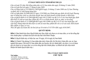 Quyết định 65/2007/QĐ-UBND  Quy định xét chọn cơ sở mua sắm, cơ sở ăn uống đạt tiêu chuẩn phục vụ khách du lịch trên địa bàn tỉnh Bình Thuận