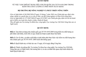 Quyết định 86/2007/QĐ-BNN tạm thời sử dụng tiêu chuẩn quốc gia TCVN 4193-2005 kiểm tra chất lượng cà phê nhân xuất khẩu