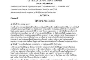 Decree of Government No. 153/2007/ND-CP of October 15, 2007 providing detailed regulations and guidelines for implementation of The Law on real estate business