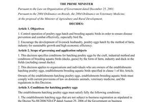 Decision No.1405/QD-TTg on the conditions of hatch of poultry eggs and aquatic