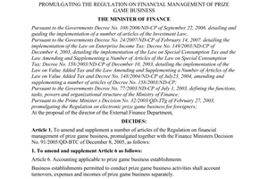 Decision No. 84/2007/QD-BTC of October 17, 2007, promulgating the regulation on financial management of prize game business.