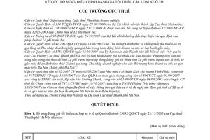 Quyết định 14899/QĐ-CT-THNVDT bổ sung bảng giá tối thiểu xe ô tô