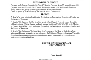 Decision No. 87/2007/QD-BTC of October 22, 2007, issuing regulations on registration, depository, clearing and settlement of securities.