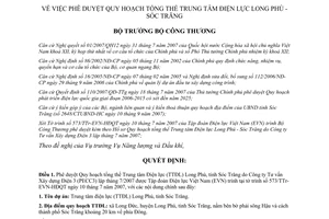 Quyết định 1233/QĐ-BCT Quy hoạch tổng thể Trung tâm Điện lực Long Phú- Sóc Trăng