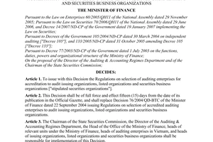 Decision No. 89/2007/QD-BTC of October, 24 2007, issuing regulations on selection of auditing enterprises for accreditation to audit issuing organizations, listed organizations and securities business organizations.