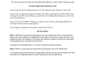 Quyết định 1293/QĐ-UBND năm 2007 thành lập Trung tâm trợ giúp pháp lý nhà nước tỉnh Hà Nam