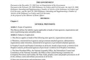 Decree No. 157/2007/ND-CP of October 27, 2007, defining the liability regime applicable to heads of state agencies, organizations and units in performing tasks and public duties.