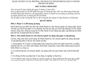 Quyết định 165/2007/QĐ-TTg Quy định tạm thời tiêu chuẩn thanh tra viên chuyên ngành xây dựng quận huyện xã phường, thị trấn Hà Nội Hồ Chí Minh