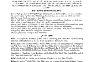 Quyết định 008/2007/QĐ-BCT uỷ quyền Ban Quản lý Khu kinh tế Vân Phong, tỉnh Khánh Hòa cấp Giấy chứng nhận xuất xứ hàng hoá ASEAN Việt Nam mẫu D