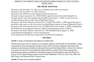 Decision No. 166/2007/QD-TTg of October 30, 2007, promulgating policies on investment supports and benefits for households, village communities and organizations joining the project on forests for livelihood improvement in the central highlands.