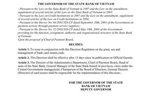 Decision No. 38/2007/QD-NHNN of October 30, 2007, on the issuance of regulation on the grant, use and management of bank card issuers code
