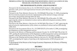 Decision No. 1248/2007/QD-BKH of October 30, 2007, promulgating the framework for monitoring and evaluation of ODA programs and projects during 2006-2010.