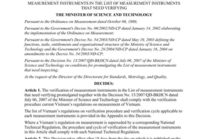 Decision No. 25/2007/QĐ-BKHCN procedure and cycles of verification of measurement instruments