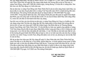 Công văn  2493/BXD-VLXD  thoả thuận chủ trương đầu tư dự án nhà máy xi măng Nam Đông, Thừa Thiên Huế