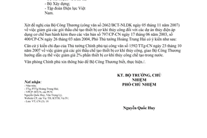 Công văn  6828/VPCP-CN  giảm giá các gói thầu chế tạo cơ khí thủy công