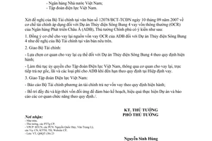 Công văn  1875/TTg-QHQT  cơ chế tài chính cho Dự án Thủy điện Sông Bung 4 vay lại vốn OCR của ADB