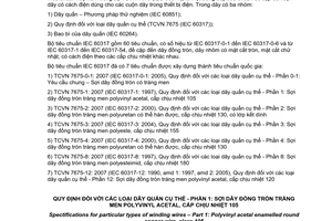 Tiêu chuẩn quốc gia TCVN 7675-1:2007 (IEC 60317-1:1997) về quy định đối với các loại dây quấn cụ thể - Phần 1: Sợi dây đồng tròn tráng men Polyvinyl acetal, cấp chịu nhiệt 105 do Bộ Khoa học và Công nghệ ban hành