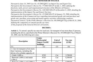 Decision No.92/2007/QD-BTC of November 01, 2007 amending specific import tax rates for used cars