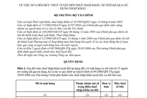 Quyết định 92/2007/QĐ-BTC sửa đổi mức thuế tuyệt đối thuế nhập khẩu ôtô qua sử dụng nhập khẩu