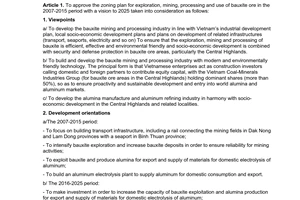 Decision No. 167/2007/QD-TTg of November 1, 2007, approving the zoning plan for exploration, mining, processing and use of bauxite ore in the 2007-2015 period with a vision to 2025 taken into consideration.