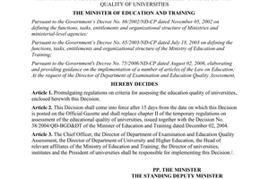 Decision No. 65/2007/QĐ-BGDĐT on criteria for assessing the education quality of Universities