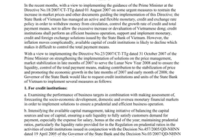 Directive No. 06/2007/CT-NHNN of November 02, 2007, on the assurance of the liquidity and control of the total payment means